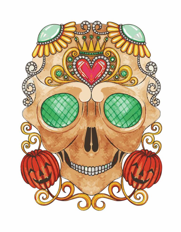 Skull mix gems jewelry and pumpkin day of the dead design by hand drawing on paper and make graphic . vector