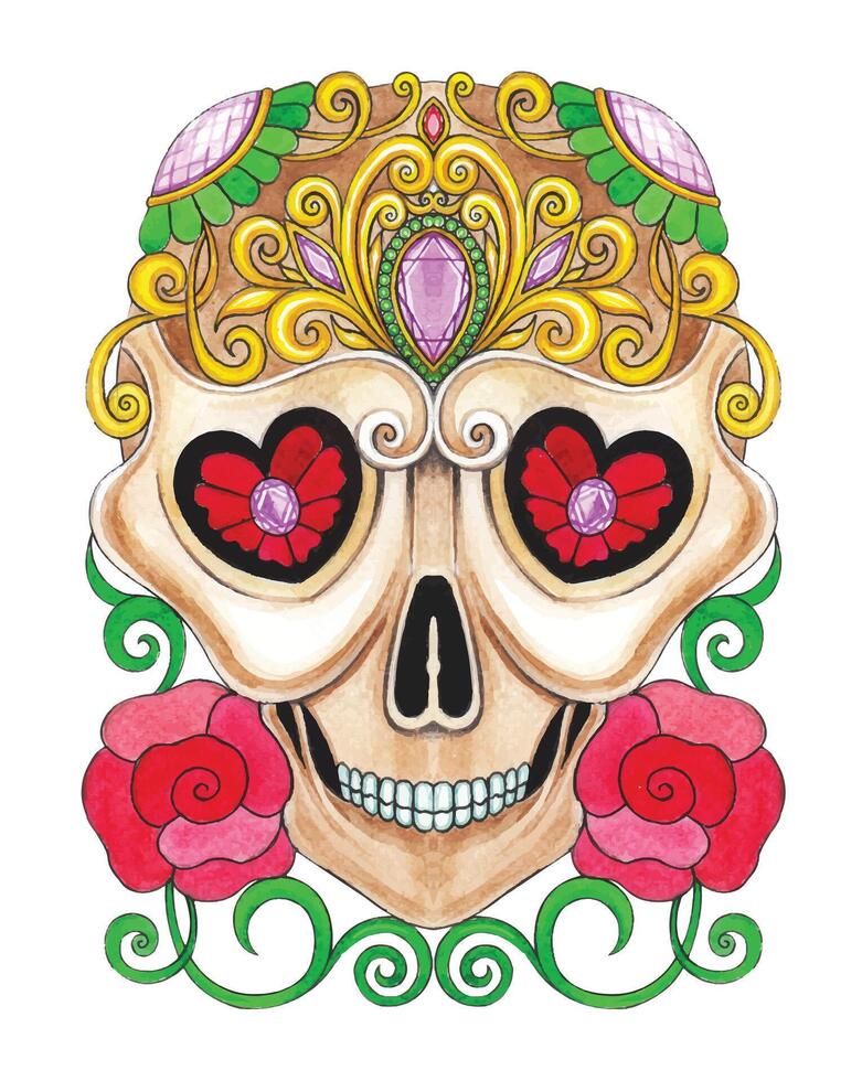 Skull head vintage art eyes heart day of the dead design by hand drawing on paper and make graphic . vector