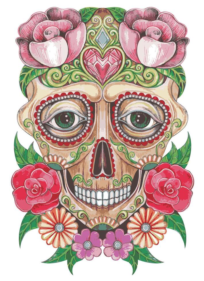 Flowers fancy art surreal skull day of the dead design by hand drawing on paper and make graphic . vector