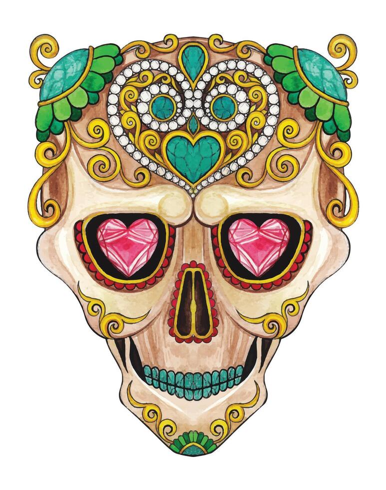 Gems and diamond vintage skull day of the dead design by hand drawing on paper and make graphic . vector