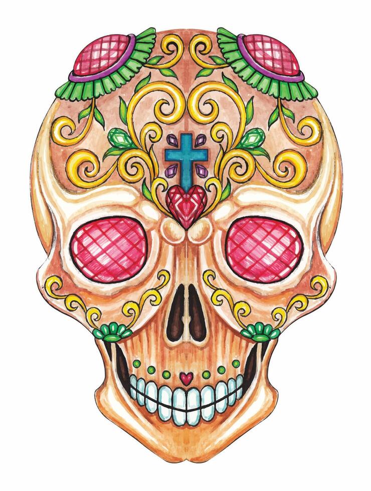 Colorful sugar skull celebration of life day of the dead design by hand painting on paper and make graphic . vector