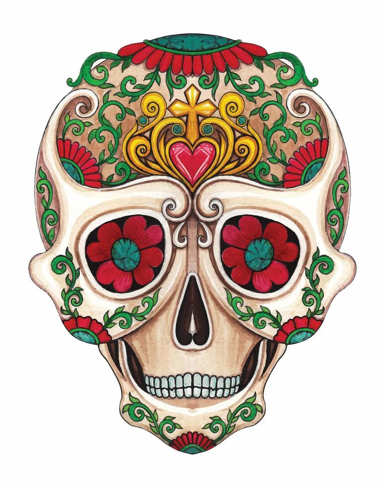Skull mix art vintage colorful day of the dead design by hand drawing on paper and make graphic . vector