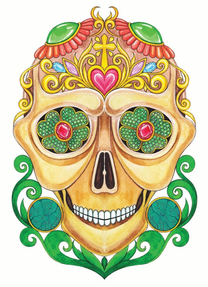 Vintage art and gems sugar skull day of the dead design by hand drawing on paper and make graphic . vector