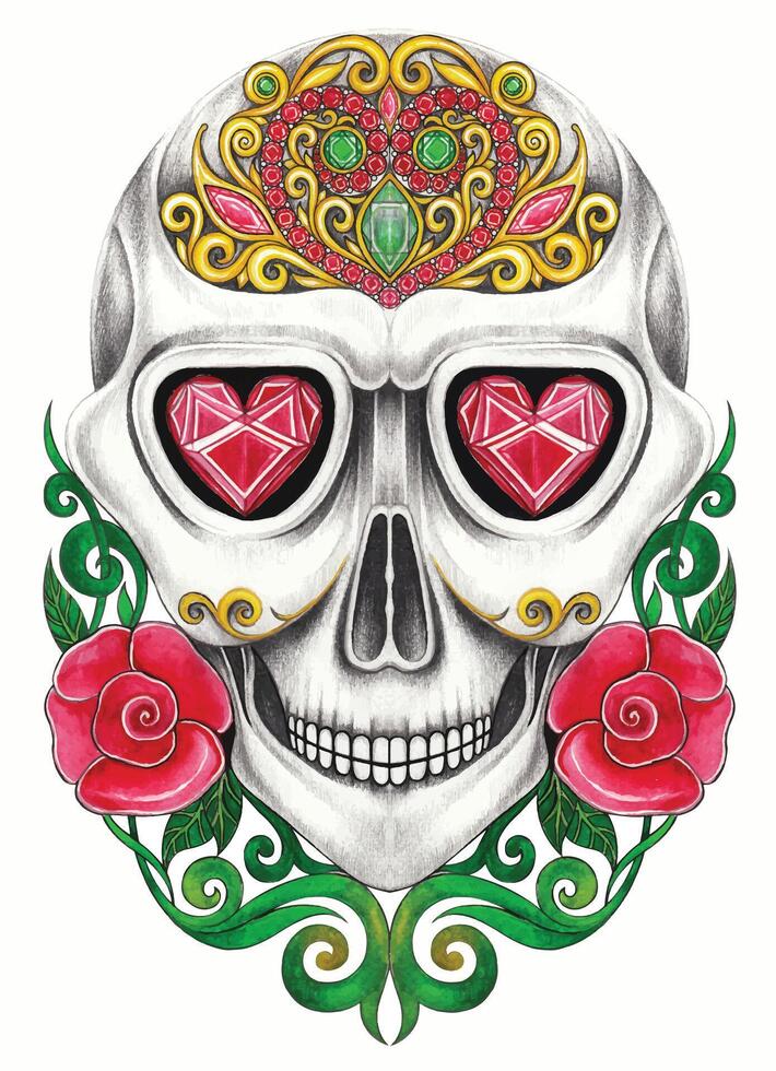 Heart eyed sugar skull with soses day of the dead design by hand drawing on paper and make graphic . vector