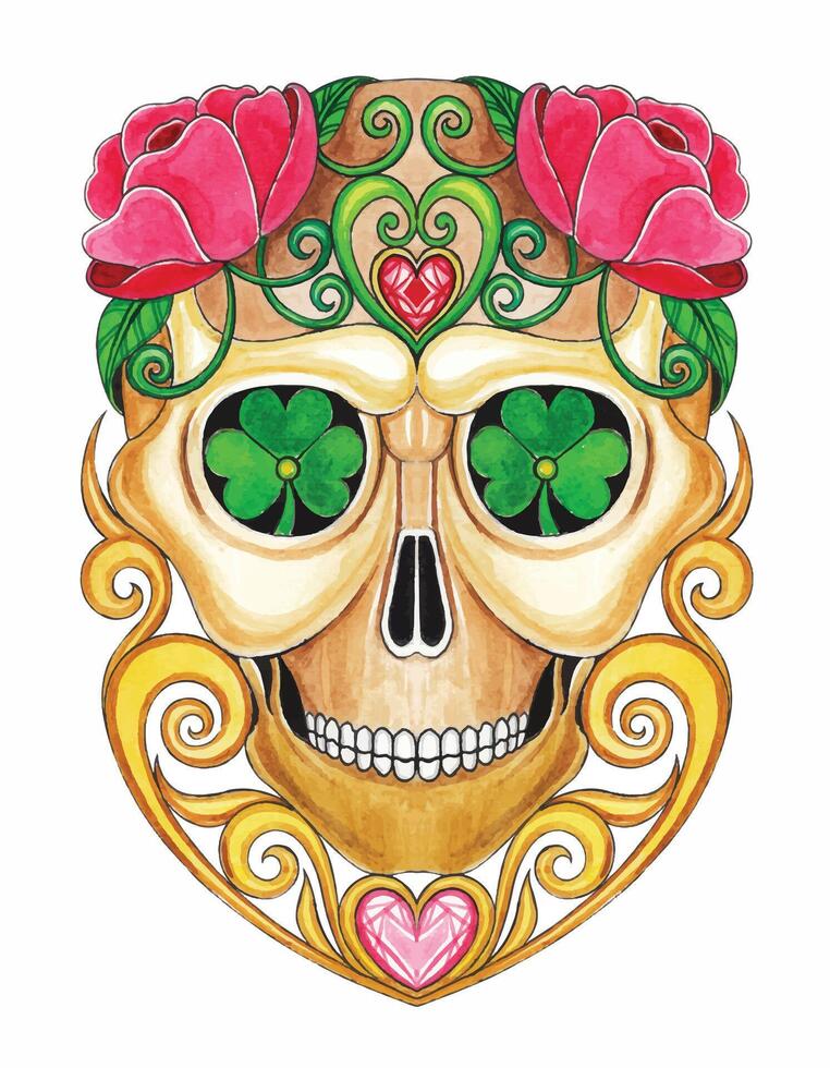 Skull vintage art and rose day of the dead design by hand drawing on paper and make graphic . vector