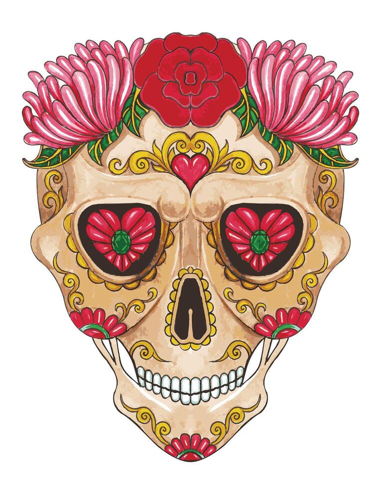 Surreal art flowers and skull day of the dead design by hand drawing on paper and make graphic . vector