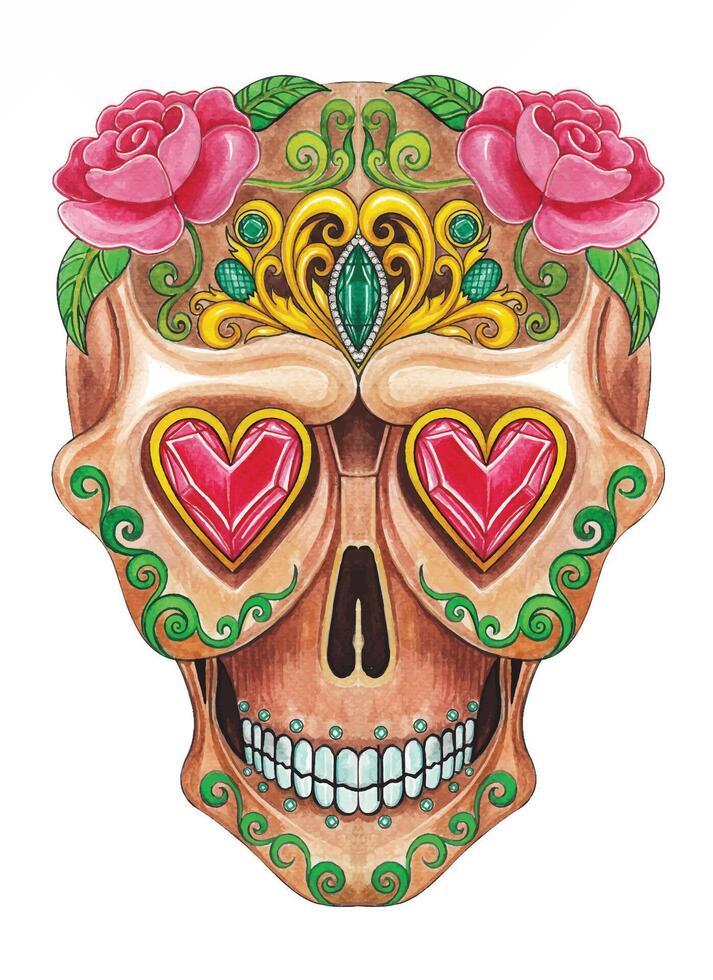 Rose embellished sugar skull with heart eyes day of the dead design by hand drawing on paper and make graphic . vector