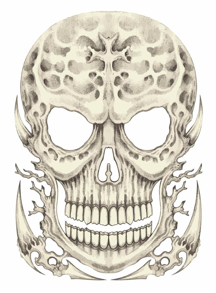 Surreal art skull tattoo design by hand drawing on paper and make graphic . vector