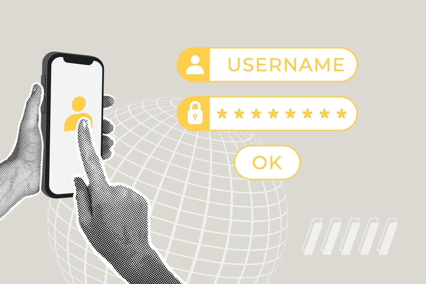 Modern halftone collage. Concept of login and password for secure internet access, business success, data protection, cybersecurity. Modern business collage for design vector