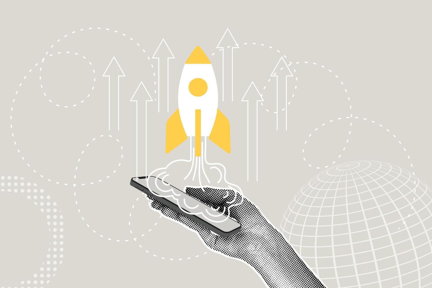 Modern halftone collage. Concept of quick business startup, business success, strategic planning,startup business. Hand with phone , rocket taking off icon and up arrows. Modern business collage for vector
