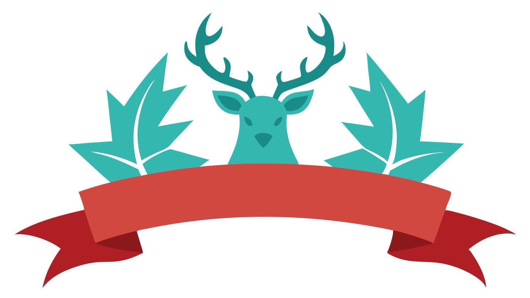 A stylized deer head graphic surrounded by green leaves and a red banner, perfect for nature-themed designs or festive occasions vector