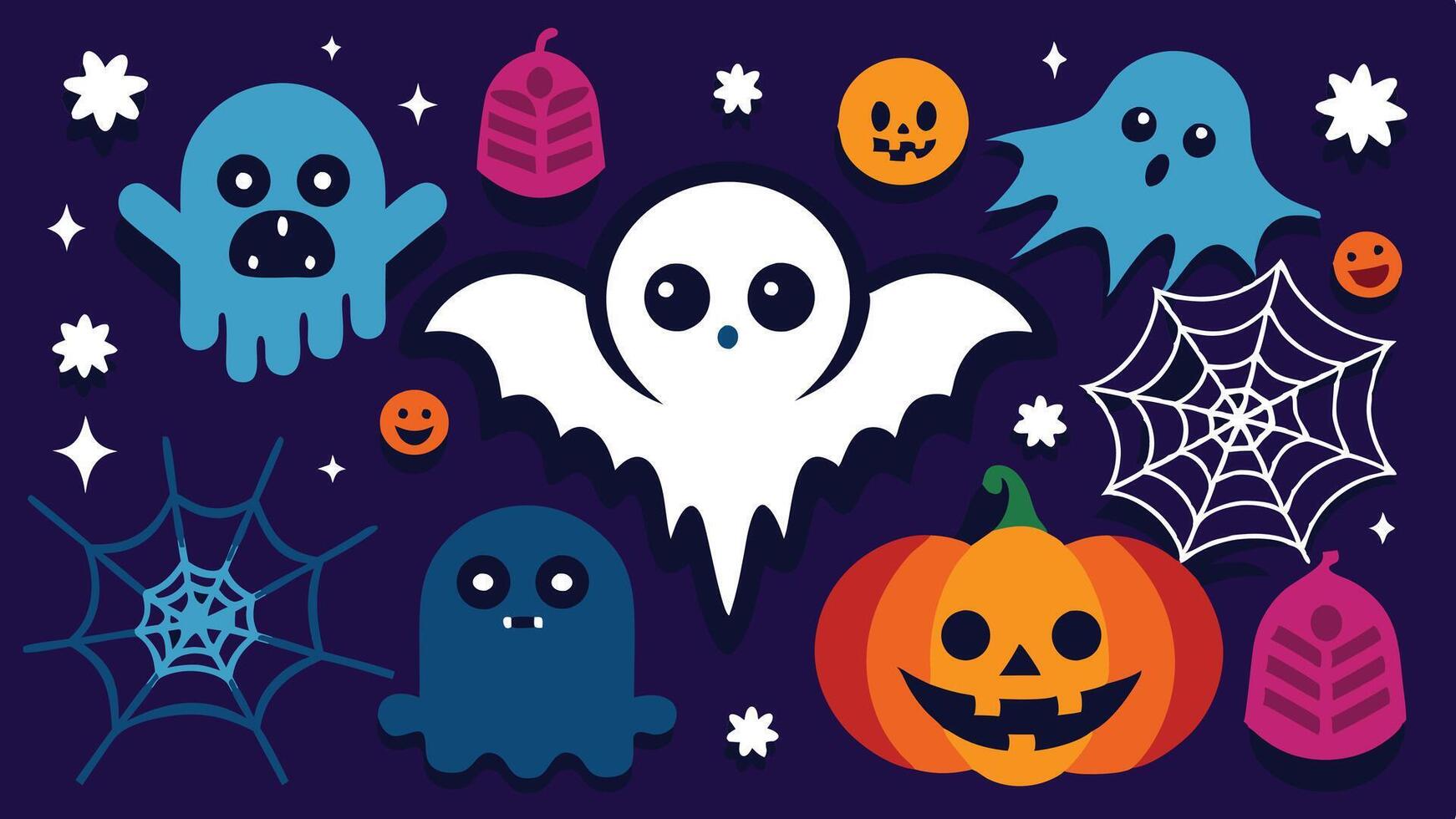 A colorful Halloween themed illustration featuring ghosts, bats, a pumpkin, and spooky decorations set against a dark purple background vector