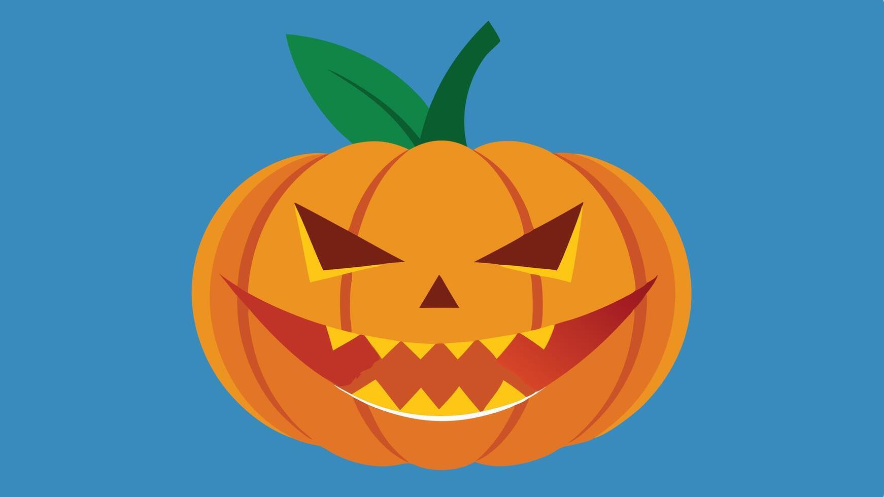 A cheerful carved pumpkin with a mischievous grin and green leaves, perfect for Halloween festivities, set against a simple white background, celebrating the spirit of autumn vector