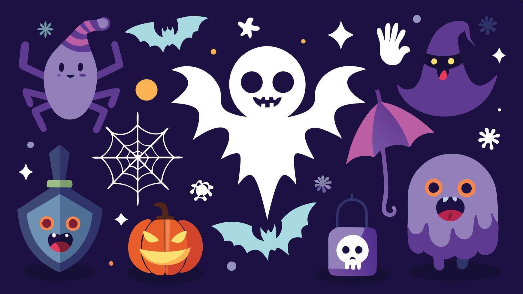 A colorful Halloween themed illustration featuring ghosts, bats, a pumpkin, and spooky decorations set against a dark purple background vector