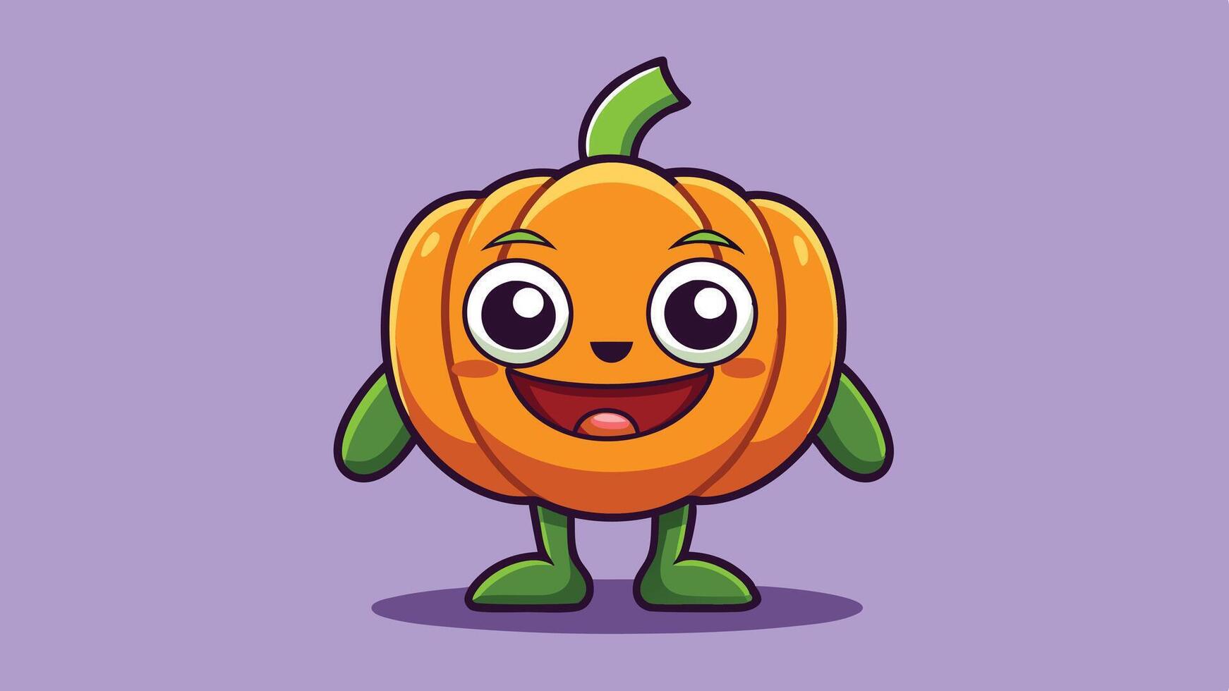 A cheerful cartoon pumpkin character stands with arms outstretched surrounded by autumn leaves, showcasing a playful and friendly autumn theme vector