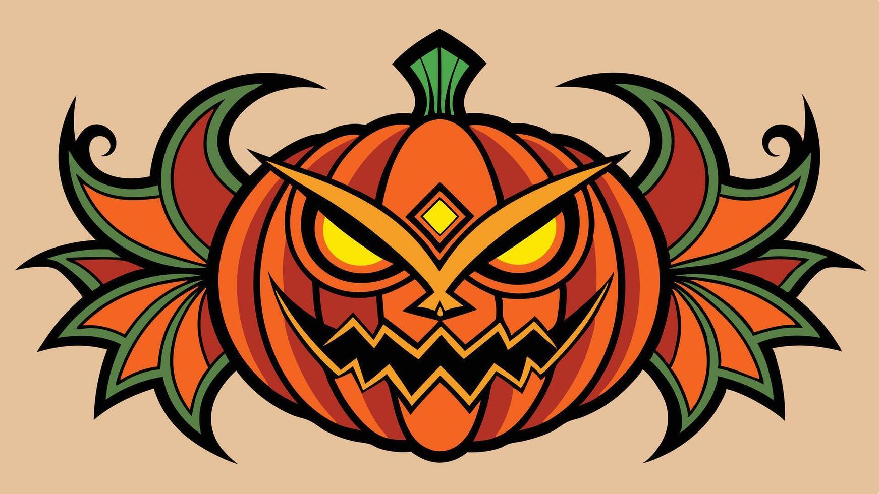 A smiling pumpkin with sharp features and intricate designs, set against a vibrant orange background, captures the spirit of Halloween celebrations and autumn festivities vector