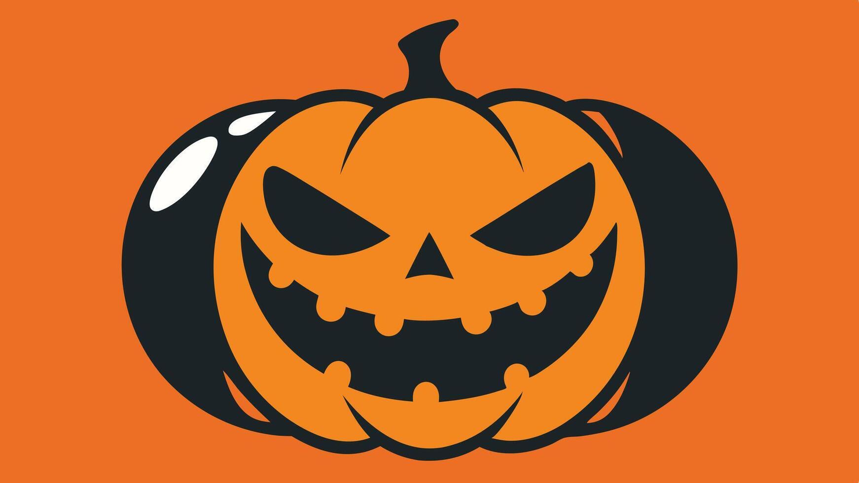 A spooky jack o' lantern with a menacing grin features prominently against a vibrant orange background, capturing the essence of Halloween decorations and festivities vector