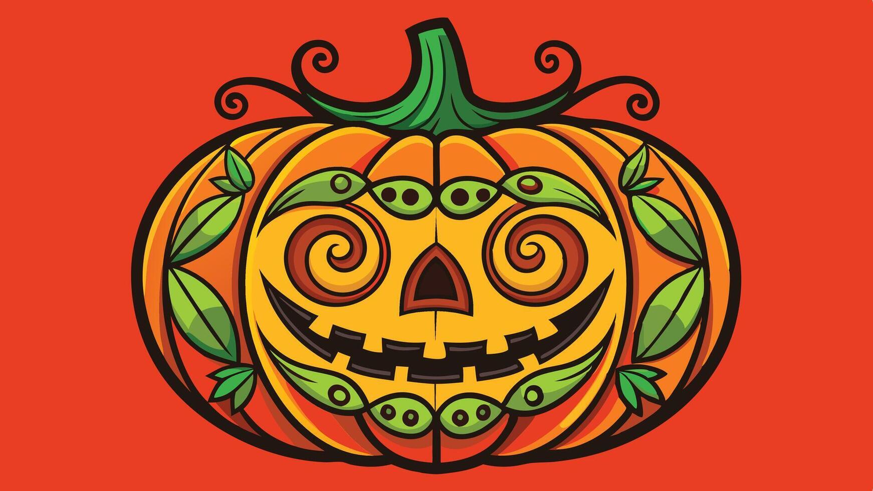 An intricately designed Halloween pumpkin with a mischievous expression surrounded by decorative swirls and floral elements, showcasing the spirit of autumn celebrations vector