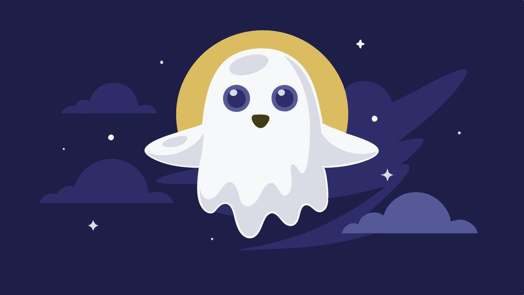 A cheerful, cartoon ghost floating in a twilight sky with soft clouds and a magical aura, embodying a friendly spirit in an enchanting landscape vector