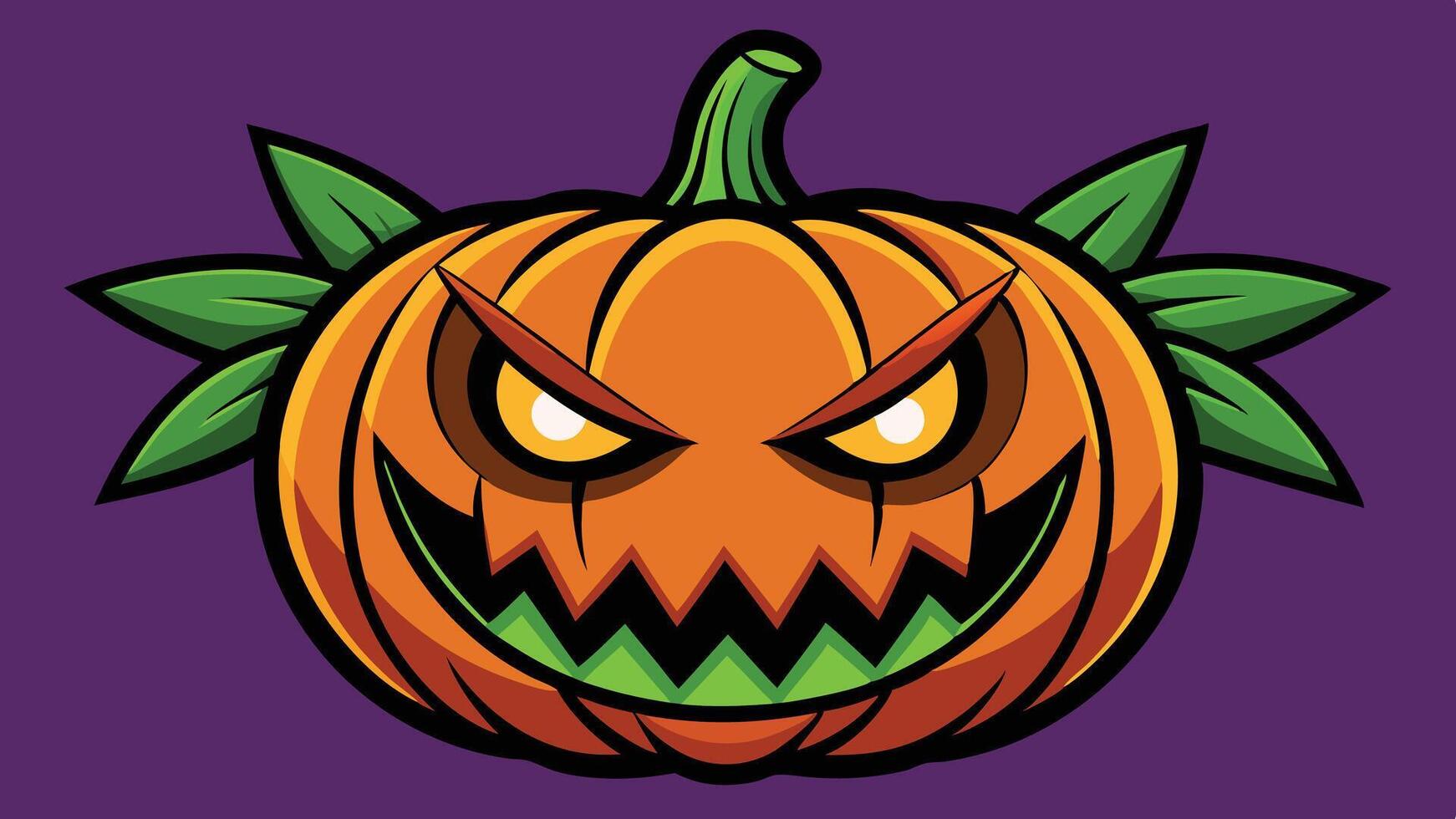 A mischievous jack o' lantern with a green witch's hat and sharp features against a purple background, perfect for celebrating Halloween festivities and decorations vector