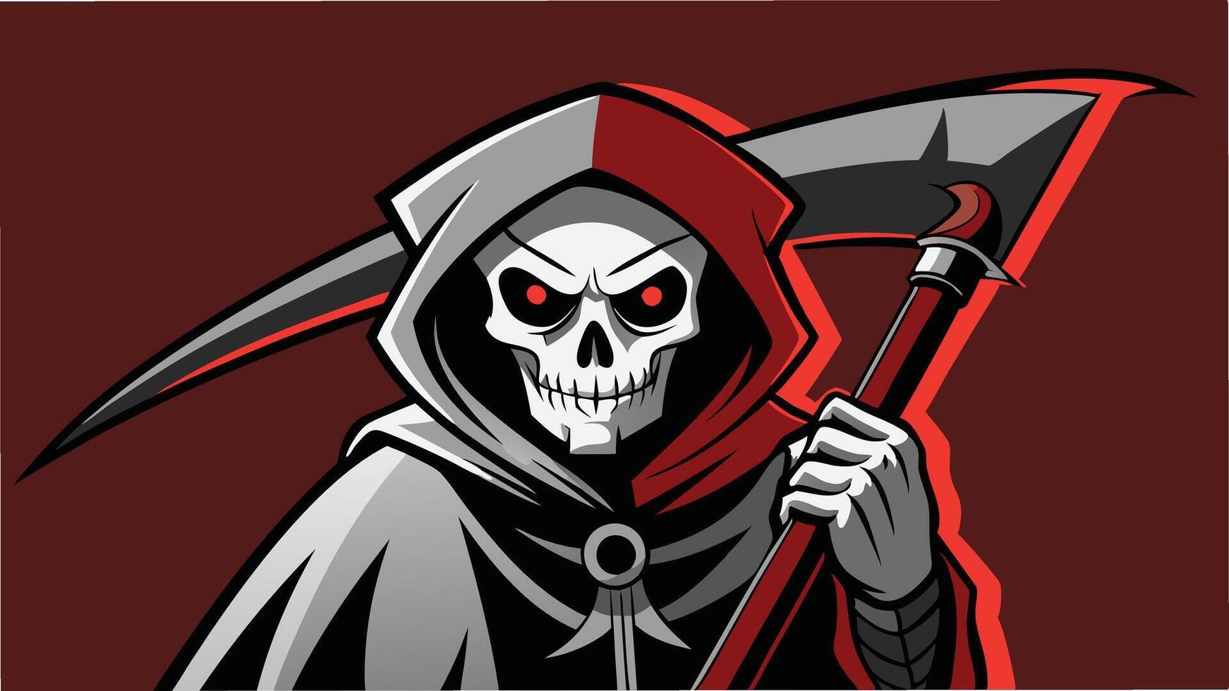 A menacing figure clad in a dark cloak holds a scythe, with glowing red eyes and a skull face, set against a dark red background, embodying themes of mystery and the macabre vector