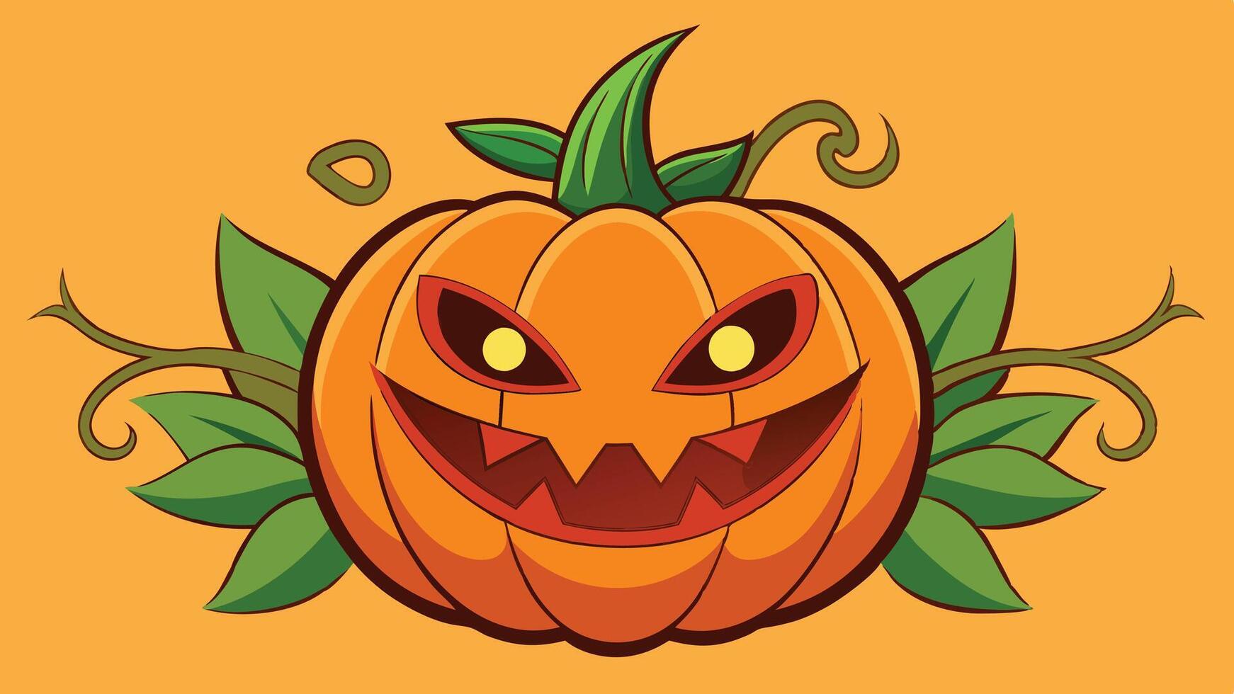 A whimsical carved pumpkin with sharp features and glowing eyes, set against a vibrant orange background, capturing the essence of Halloween festivities and autumn celebrations vector