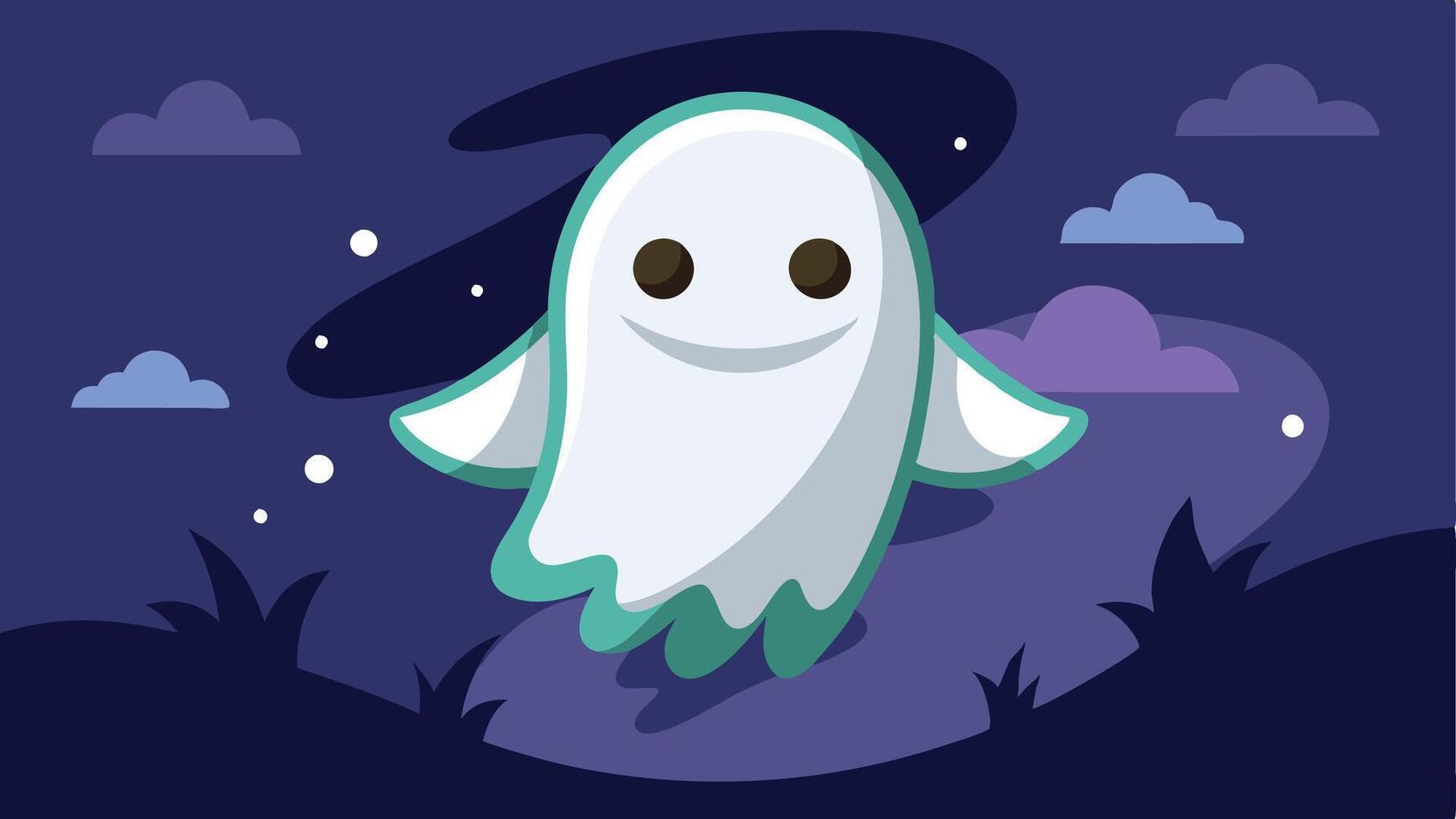 A cheerful, cartoon ghost floating in a twilight sky with soft clouds and a magical aura, embodying a friendly spirit in an enchanting landscape vector