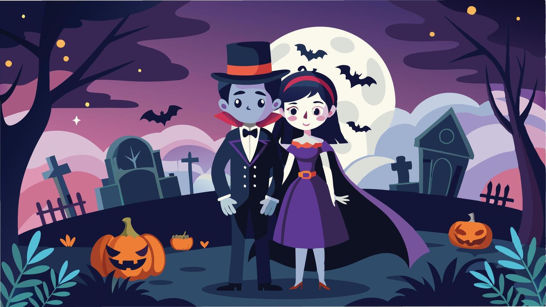 A young vampire couple celebrates Halloween night with pumpkins, bats, and a spooky backdrop featuring a haunted castle under a full moon vector