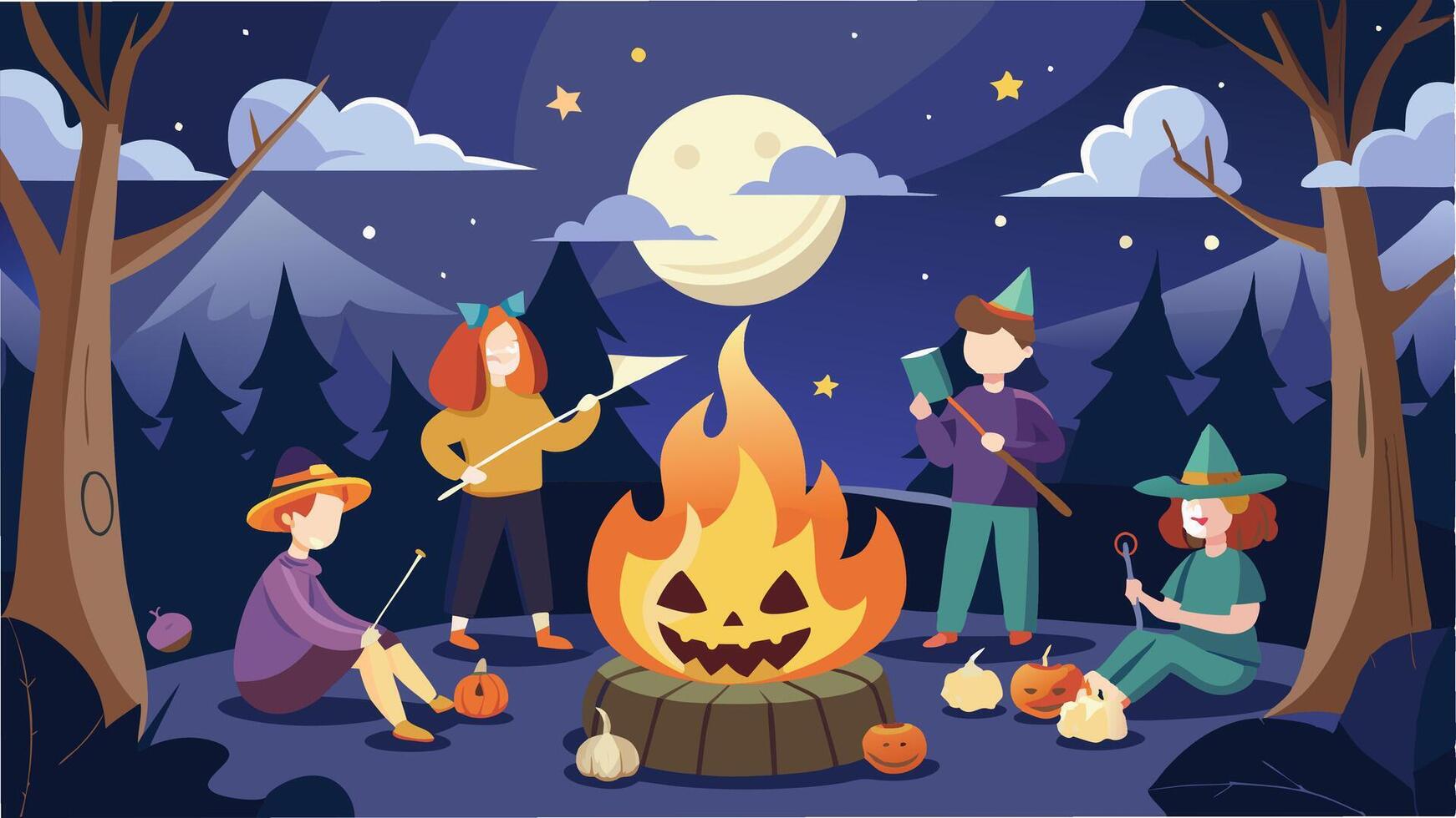 Friends gathered around a campfire in a forest at night, enjoying Halloween festivities with a carved pumpkin and various snacks vector