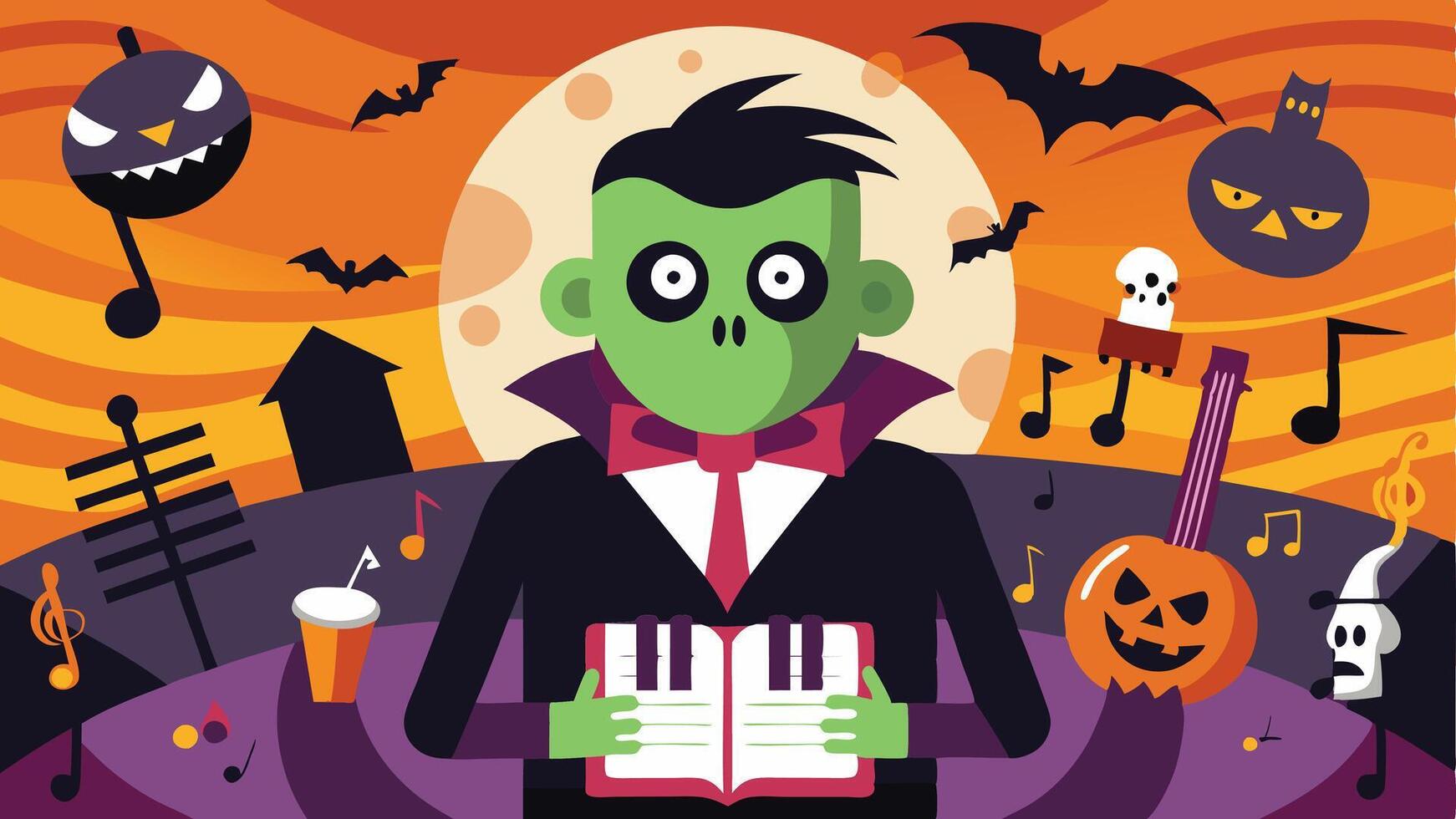 A whimsical Halloween night scene featuring a haunted house, playful ghosts, musical elements, and a spooky pumpkin in a colorful landscape vector