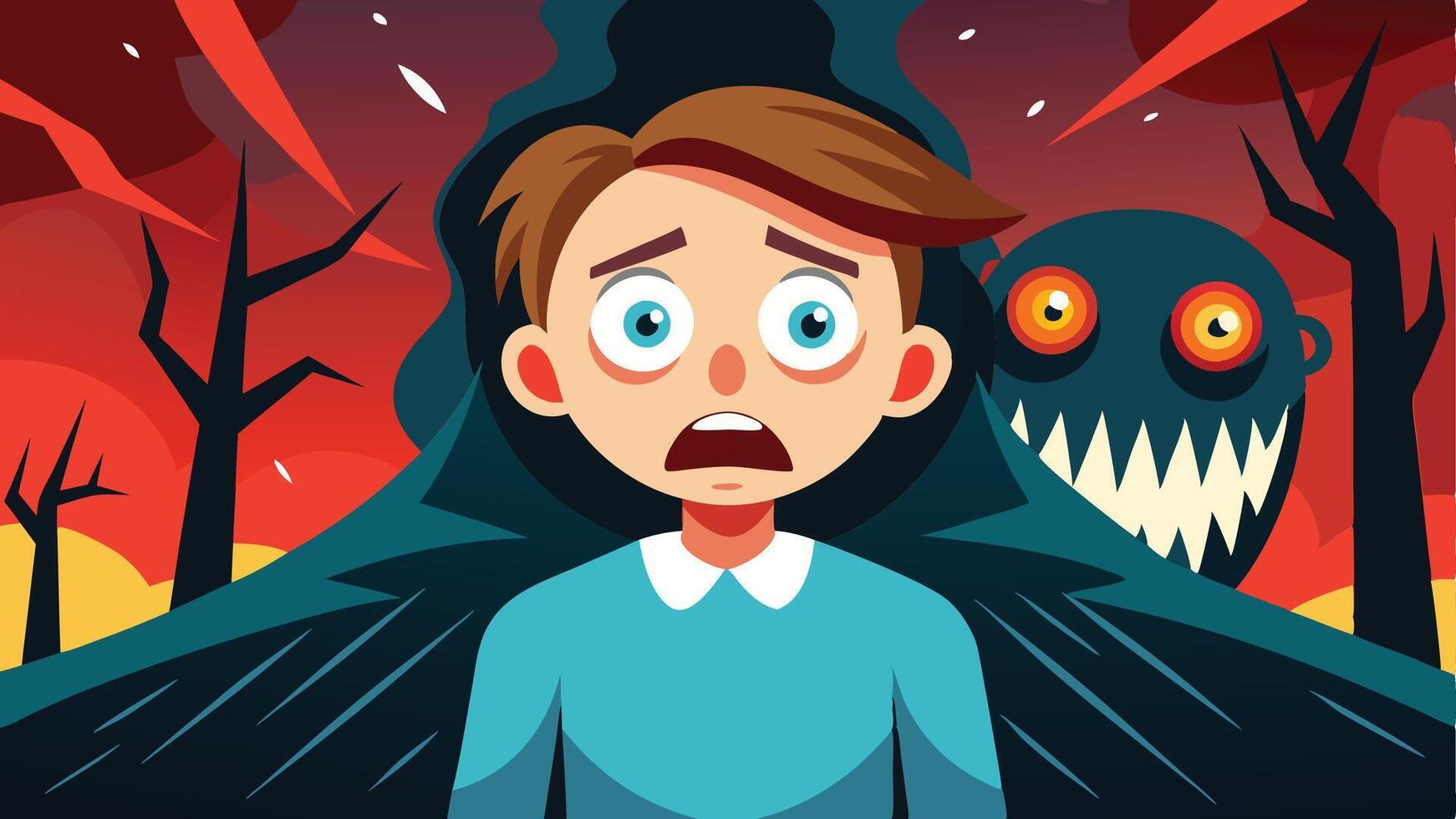 A frightened boy stands in a spooky landscape filled with ghostly figures, an eerie house, and dark clouds during a Halloween night vector