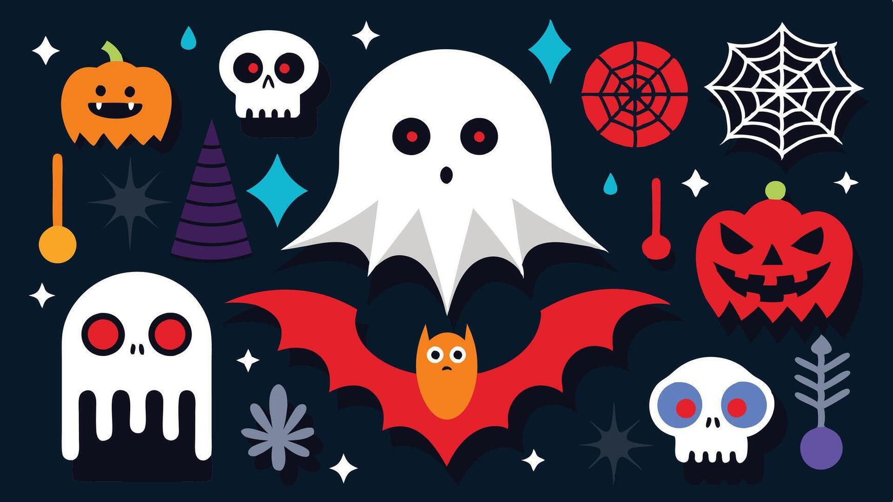 A colorful Halloween themed illustration featuring ghosts, bats, a pumpkin, and spooky decorations set against a dark purple background vector