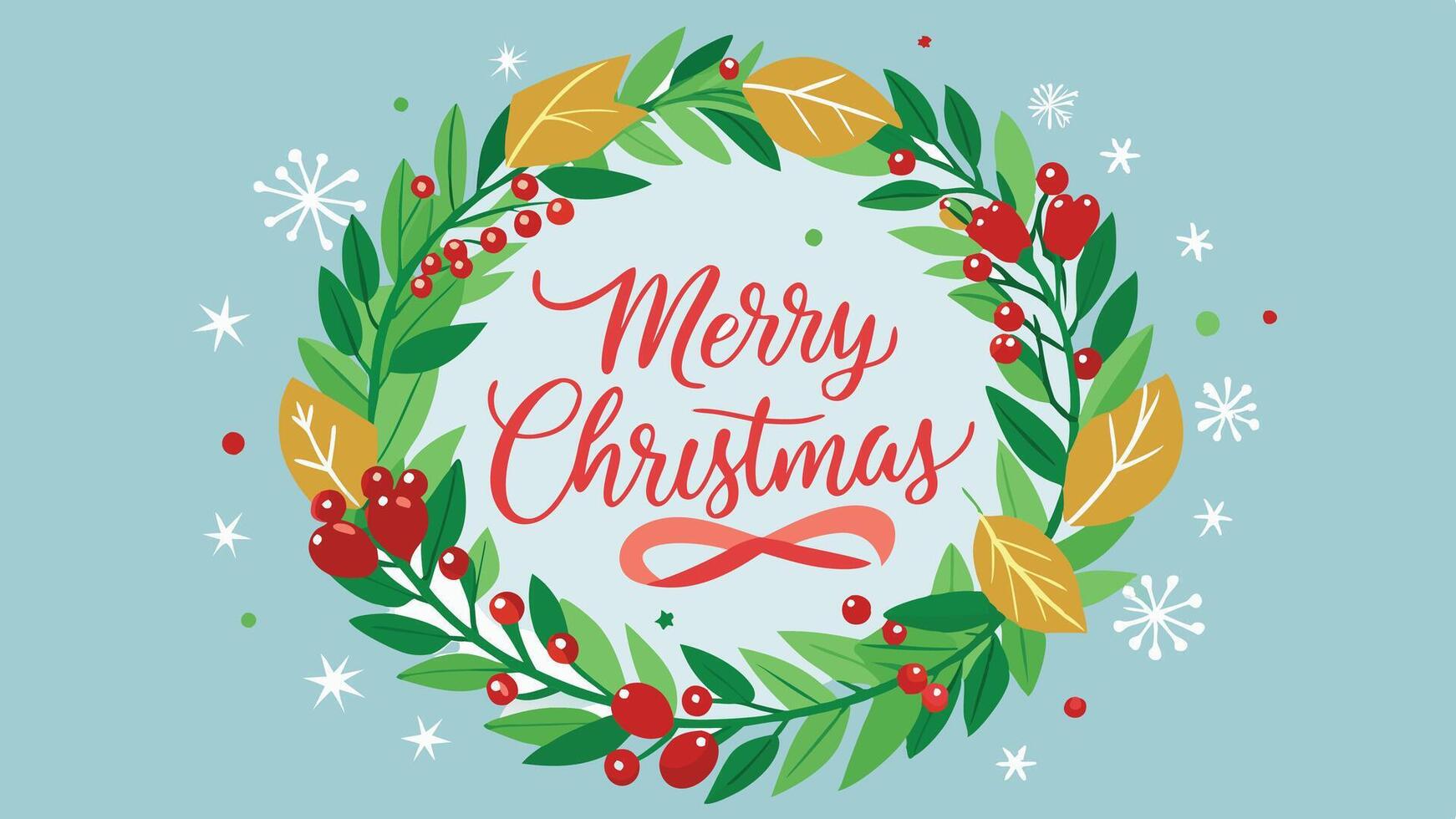 A festive wreath adorned with red berries and golden stars, featuring a cheerful Merry Christmas message, perfect for holiday greetings or decor vector
