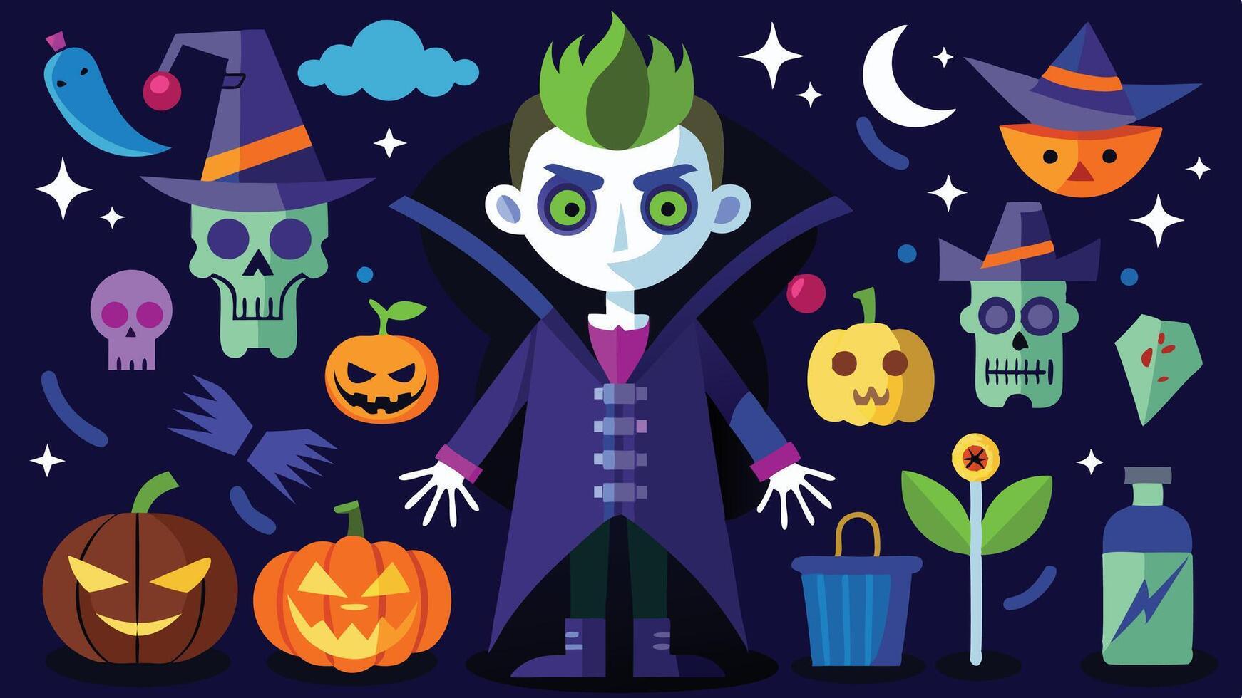 A playful vampire character stands in a whimsical Halloween-themed backdrop featuring pumpkins, bats, and spooky decorations in vibrant colors, perfect for celebrating the festive season vector