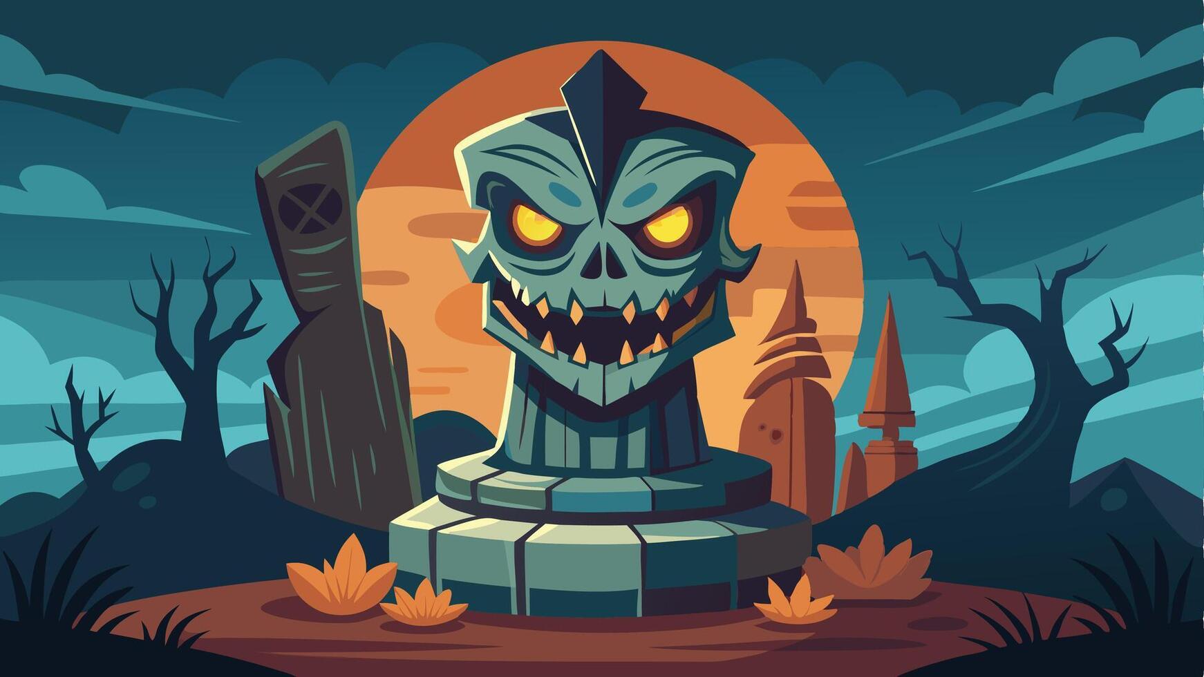 A spooky Halloween scene featuring a ghostly statue, carved pumpkins, and bats, set against a colorful background with mountains and a full moon during the night vector