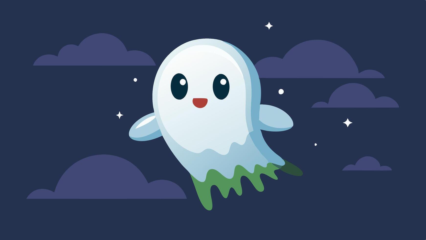 A cheerful, cartoon ghost floating in a twilight sky with soft clouds and a magical aura, embodying a friendly spirit in an enchanting landscape vector