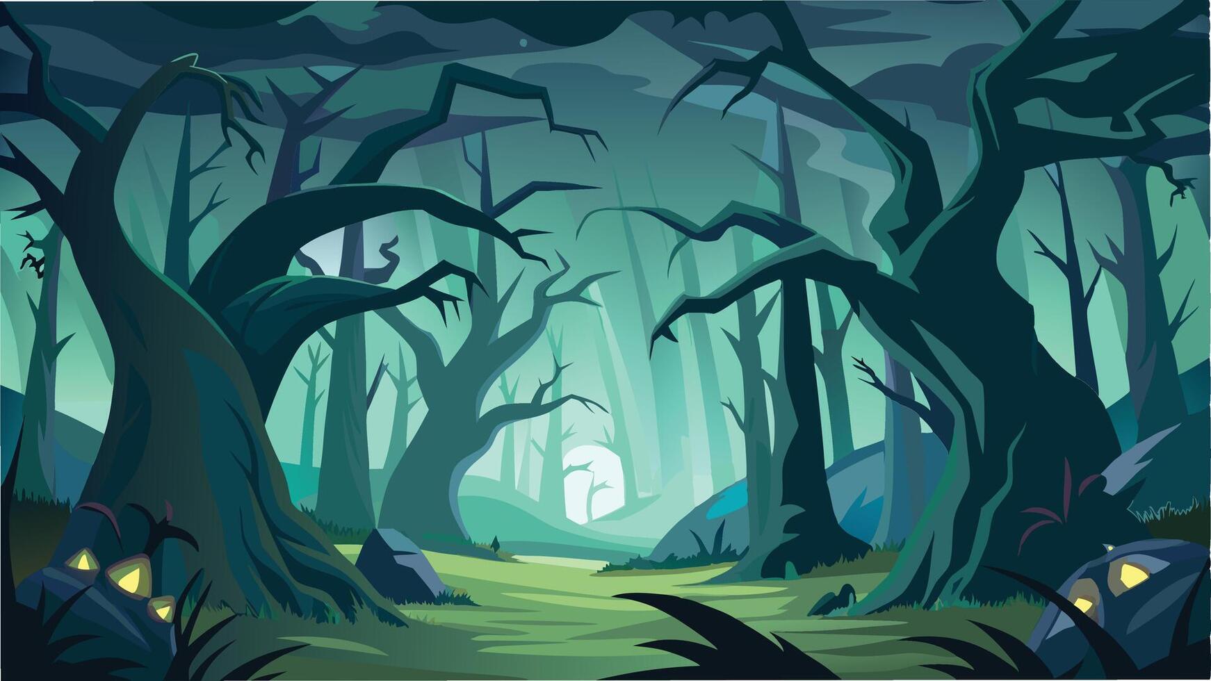 A mystical forest shrouded in fog with twisted trees and glowing rocks creates a mysterious atmosphere during twilight vector