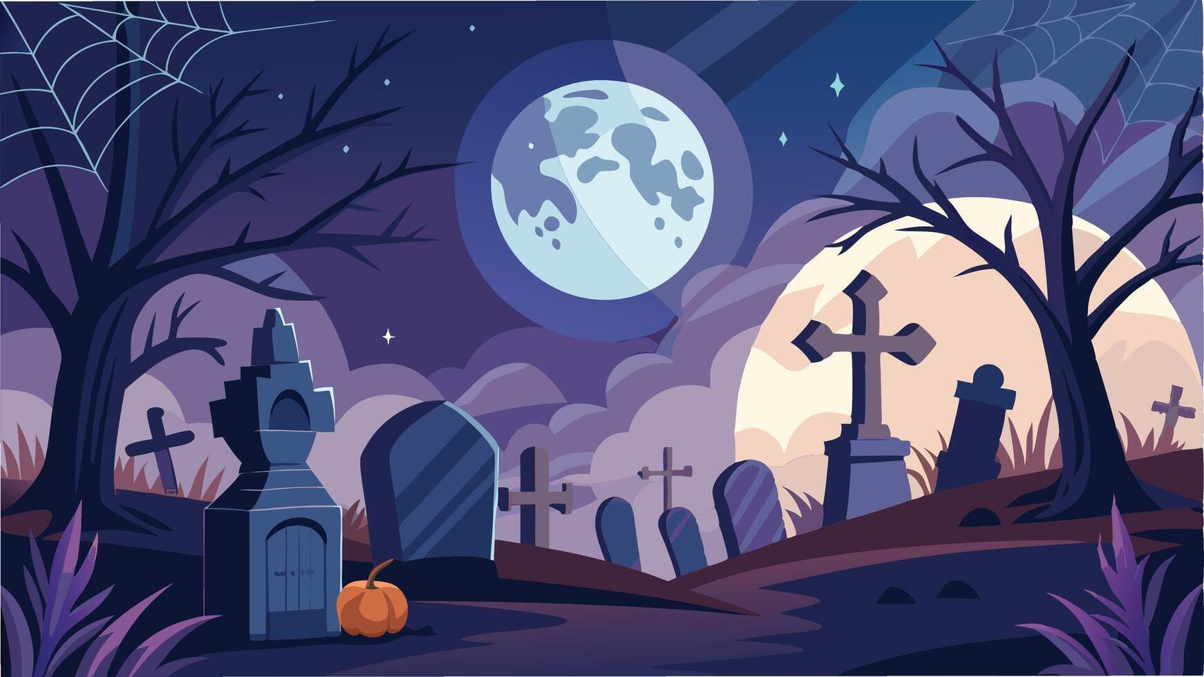 A spooky graveyard scene under a full moon with tombstones, bare trees, and a pumpkin, creating a chilling atmosphere perfect for Halloween vector