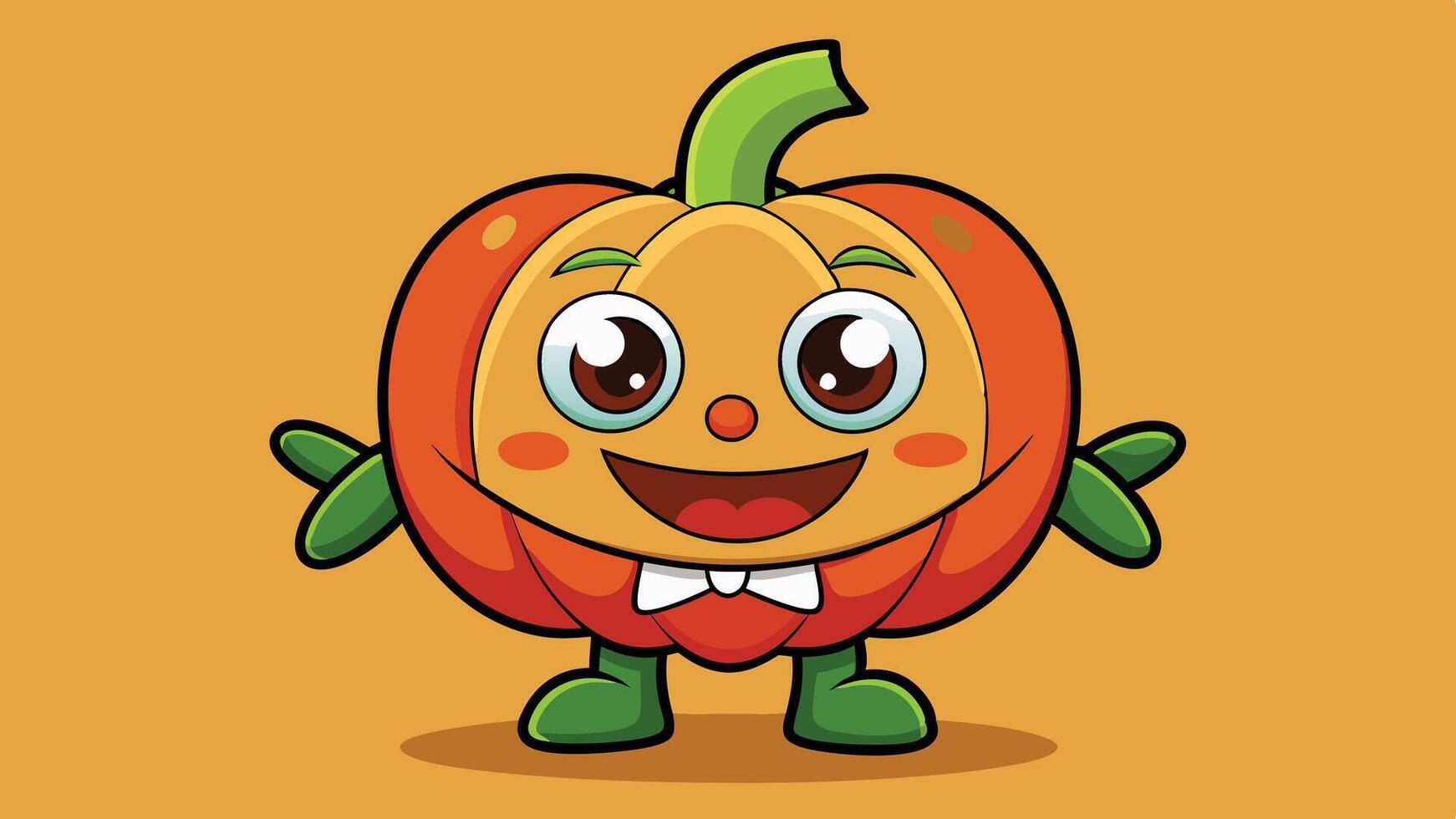 A cheerful cartoon pumpkin character stands with arms outstretched surrounded by autumn leaves, showcasing a playful and friendly autumn theme vector