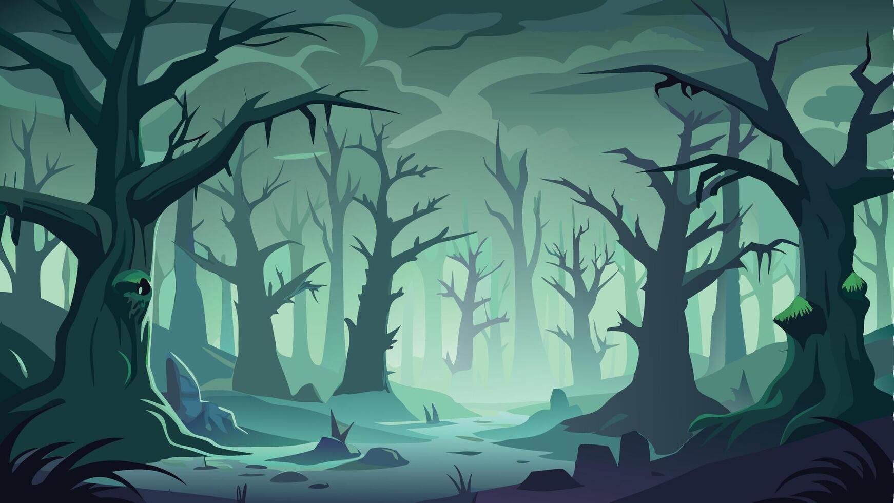 Eerie forest landscape with twisted trees and mysterious glowing eyes during twilight hours creating an atmospheric setting of intrigue and suspense vector