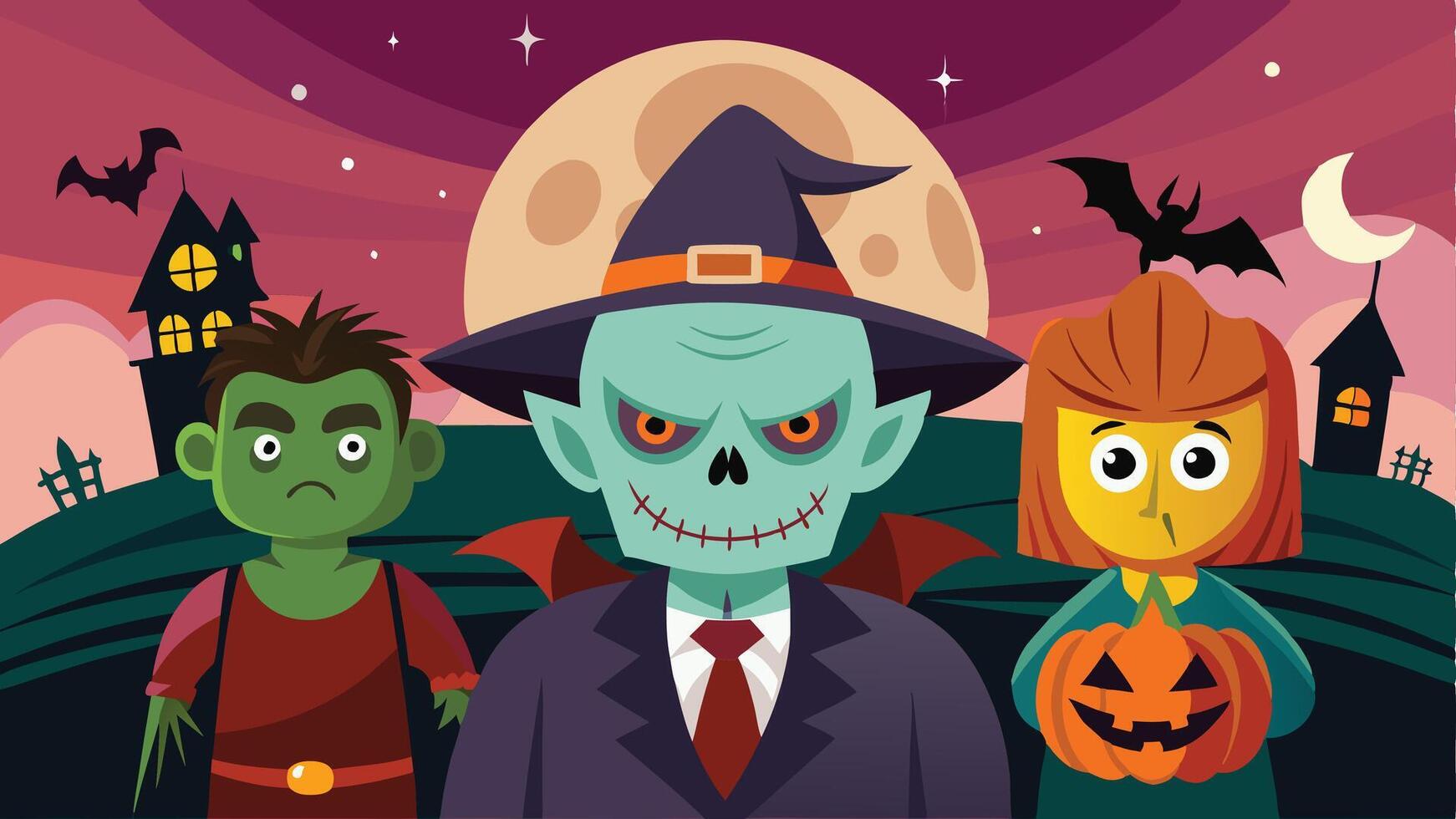 A green skinned monster with piercing eyes stands against a full moon backdrop, surrounded by bats and silhouetted gravestones during a spooky night vector