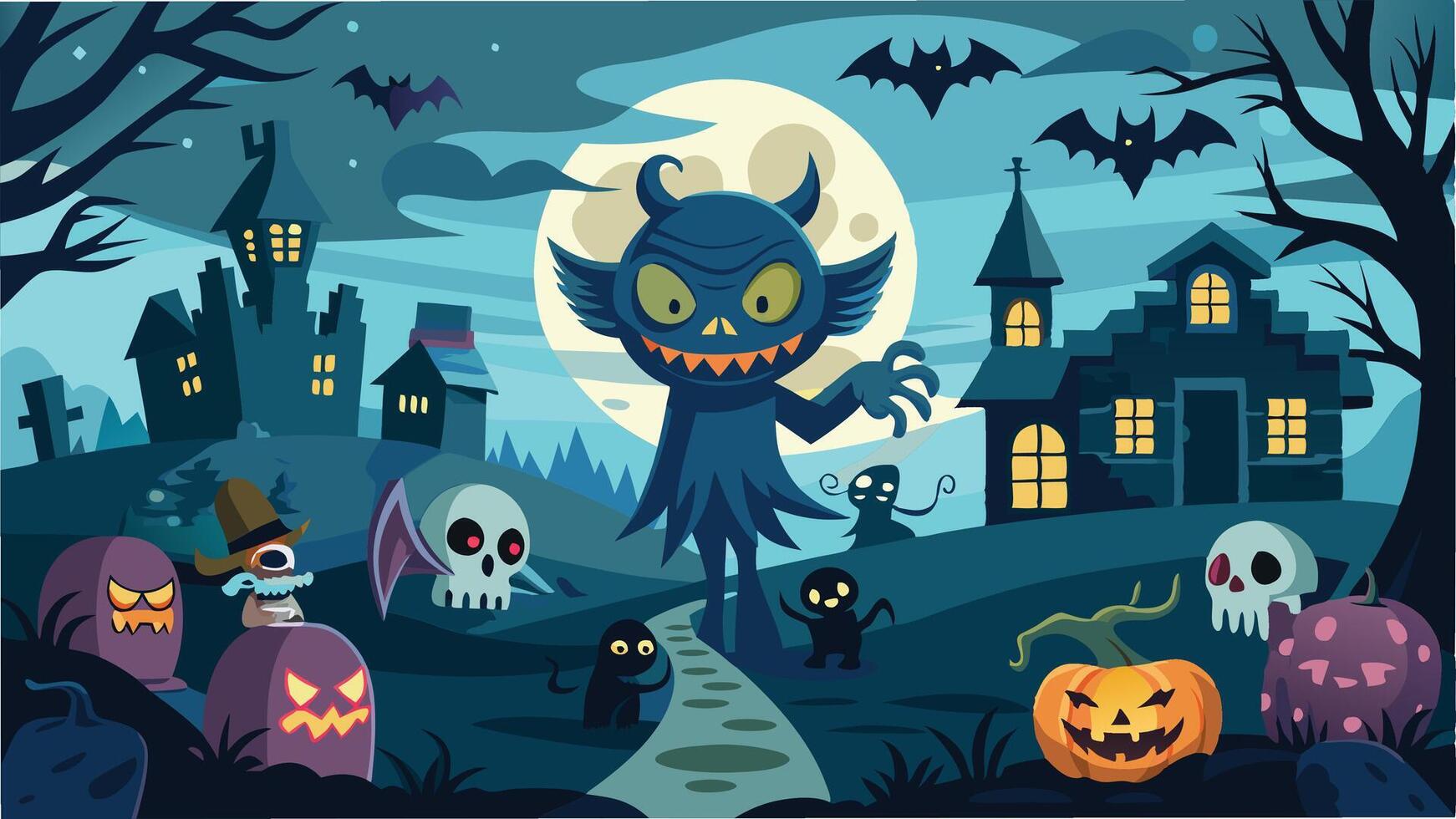 A colorful Halloween themed illustration featuring various spooky characters, pumpkins, and haunted scenery at night under a full moon vector