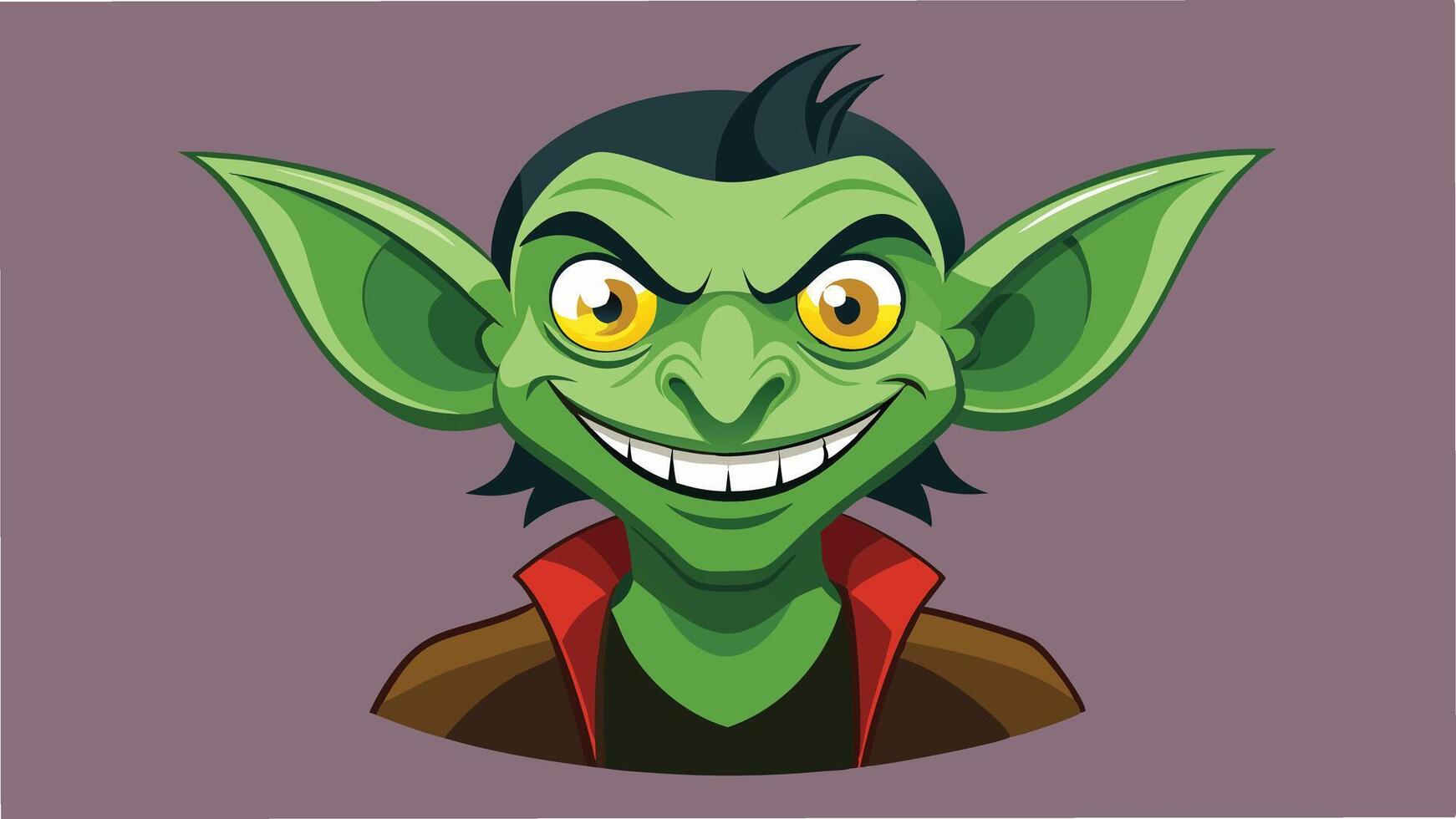 A mischievous green goblin character with pointed ears and a wide grin wearing a red collar, set against a beige background, captures a playful fantasy theme suitable for illustration vector