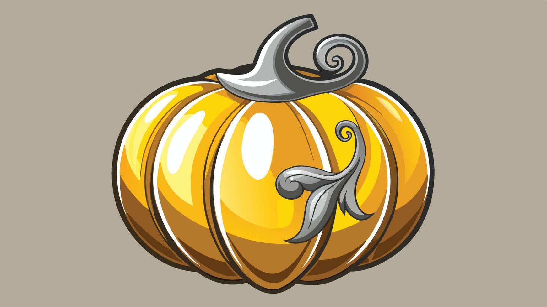 A vibrant, cartoon-style pumpkin with a curved stem and decorative leaf resting against a neutral background, capturing the essence of autumn harvest-themed art and seasonal celebrations vector