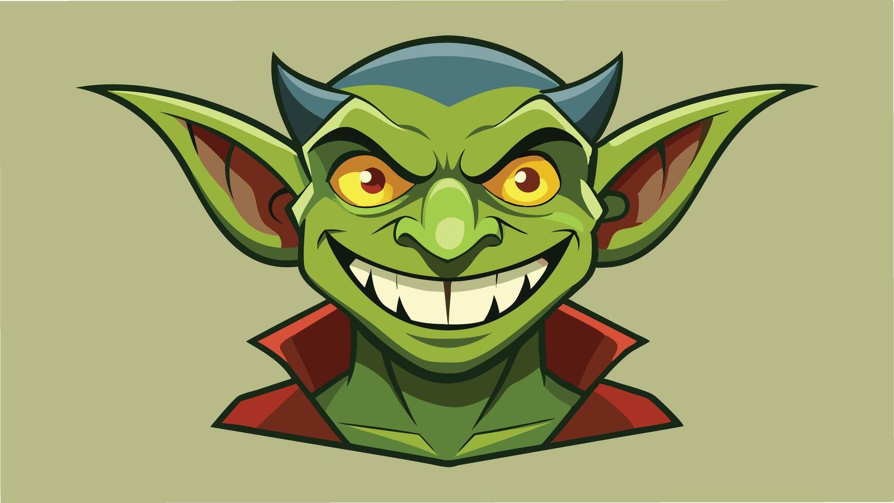 A mischievous green goblin character with pointed ears and a wide grin wearing a red collar, set against a beige background, captures a playful fantasy theme suitable for illustration vector