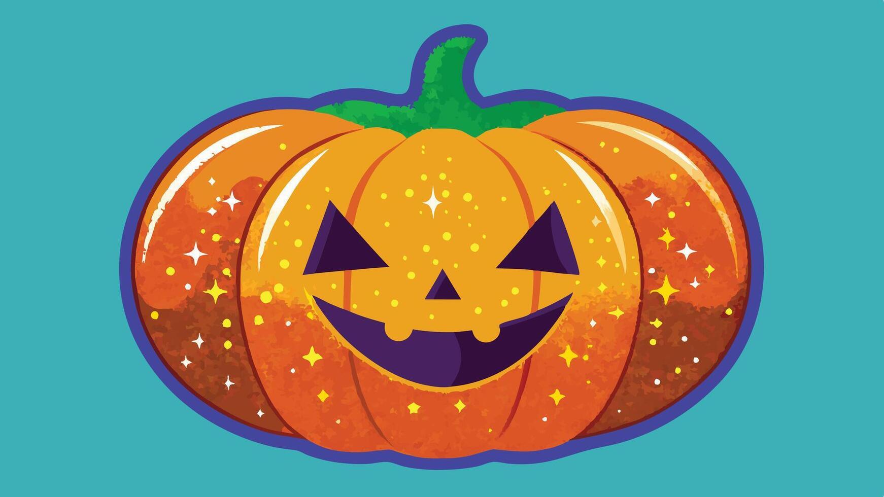A cheerful cartoon jack o' lantern with a smiling face and sparkling effects against a bright turquoise background celebrates Halloween festivities vector