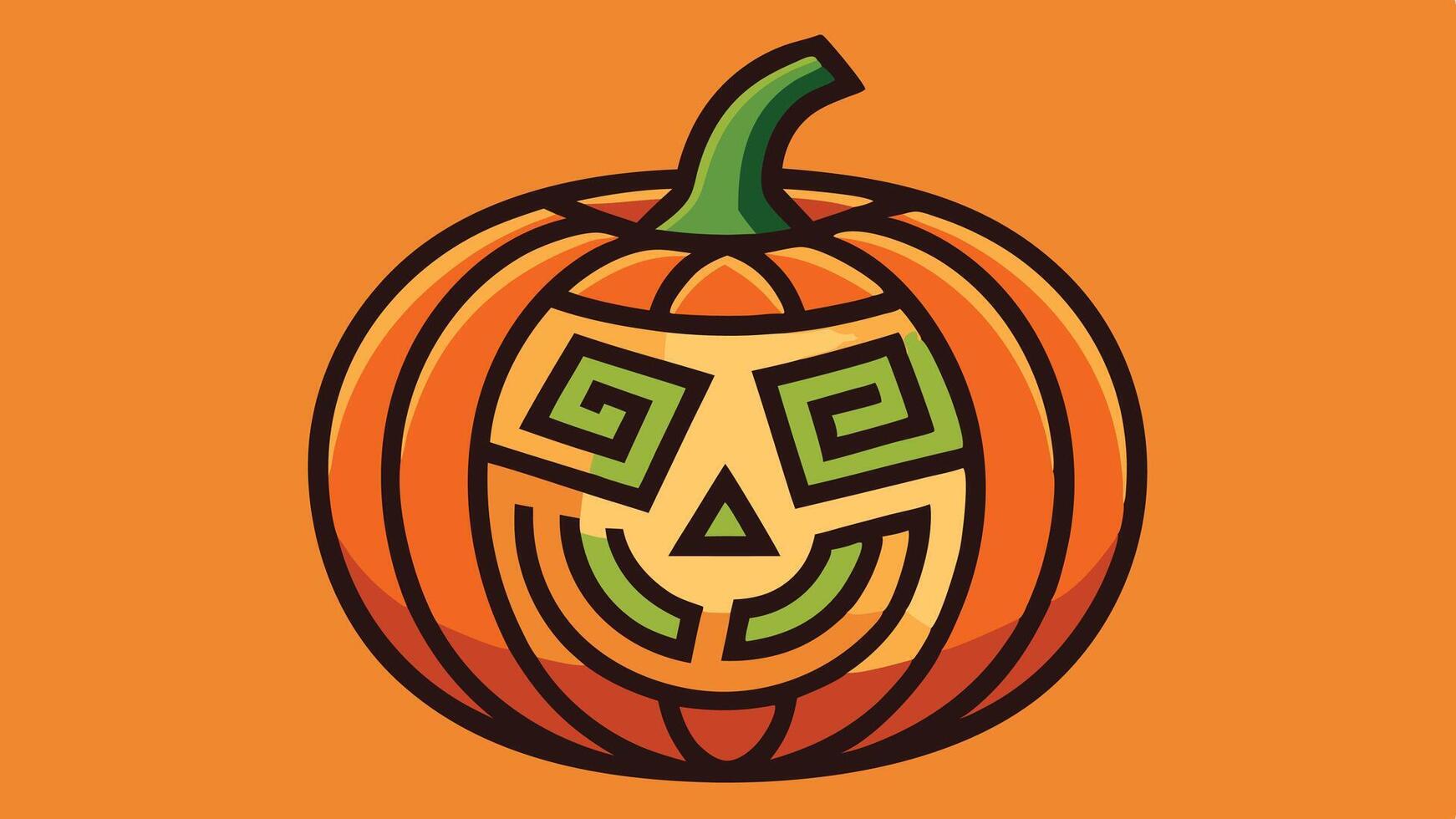 Colorful pumpkin design featuring an intricate green labyrinth pattern carved into its surface, set against a vibrant yellow background vector