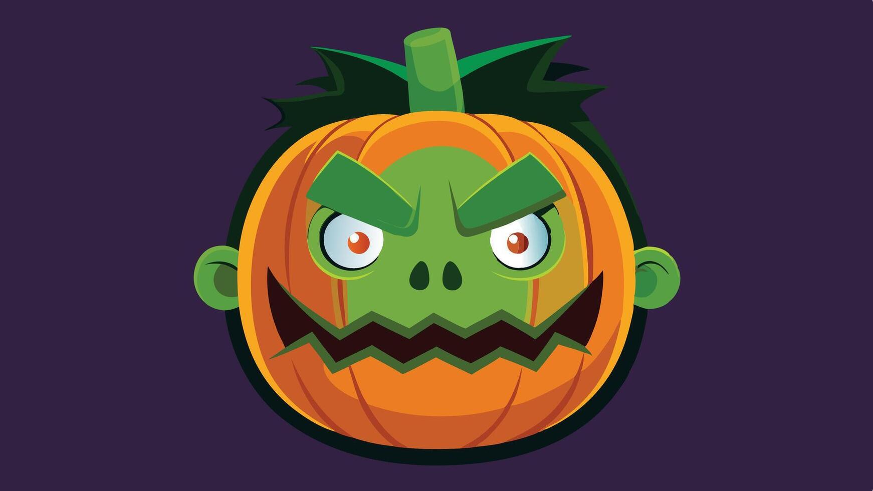 A mischievous cartoon pumpkin with an angry expression showcasing Halloween spirit against a dark purple background vector