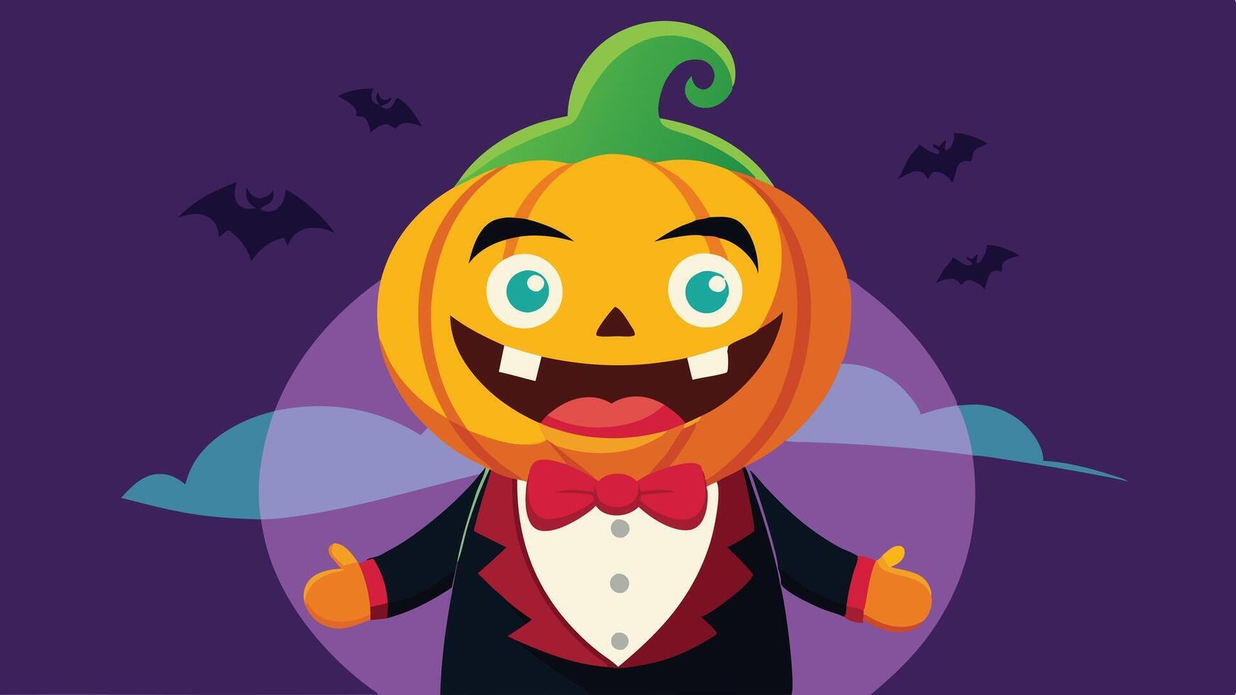 A cheerful cartoon vampire character celebrates Halloween at sunset with bats flying and a carved pumpkin in hand vector