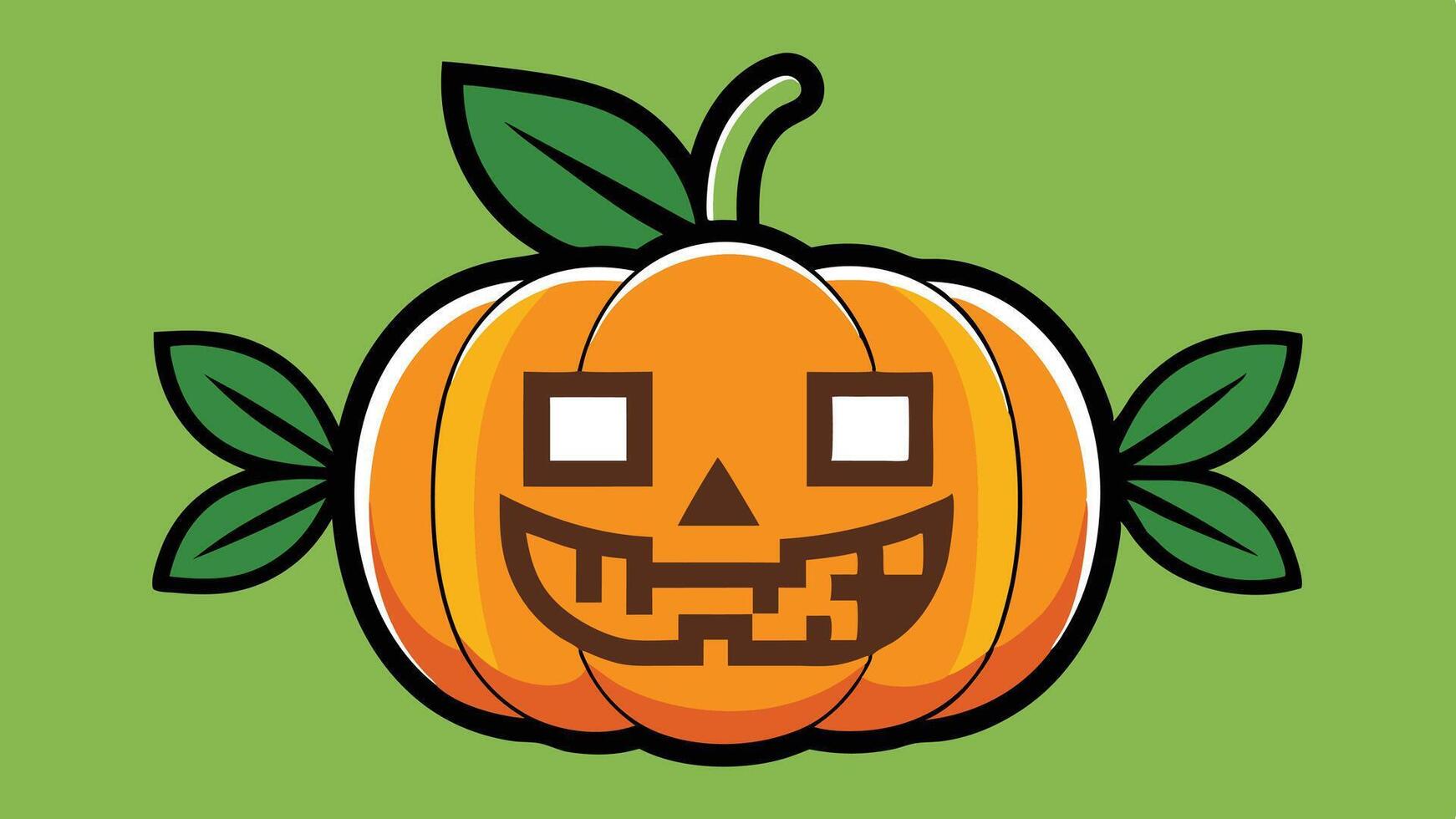 A cheerful pumpkin with a playful expression and green leaves on a vibrant background, perfect for a Halloween celebration or autumn decor vector